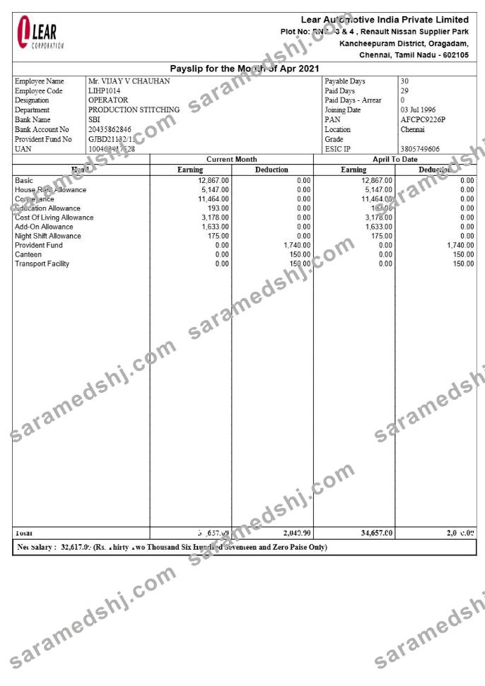 Lear Automotive India payslip template in Word and PDF formats.pdf, 1